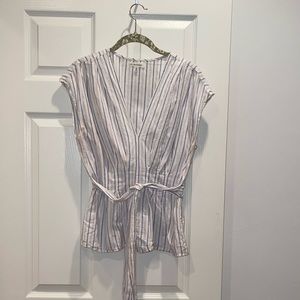Max Studio White Striped Waist-Tie Blouse- Size Large